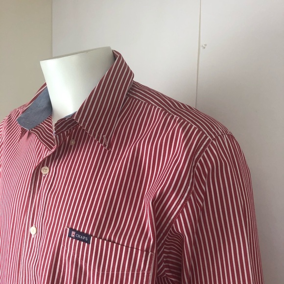 Chaps Easy Care Mens Sz Lg Red Stripe Button-Down Shirt–Classic Business Casual - Picture 4 of 12